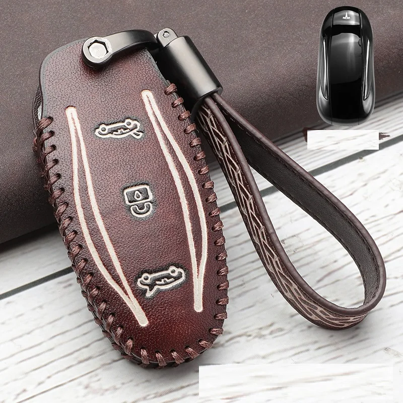 Car Geunine Leather Key Wallet Cover Case Keychain Pocket For Tesla Model S Model X Key Holder Protect Accessories