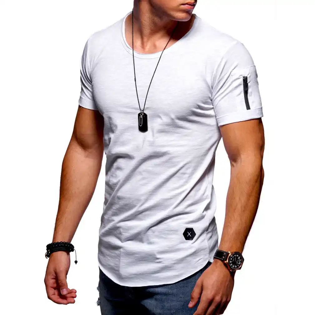 Zipper Shirts Men Tee Shirt Slim Fit O Neck Short Sleeve Shirts Muscle ...