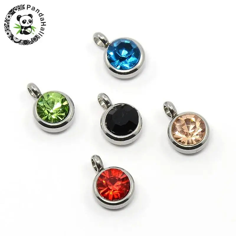50pcs 304 Stainless Steel Rhinestone Flat Round Charm Pendants Faceted