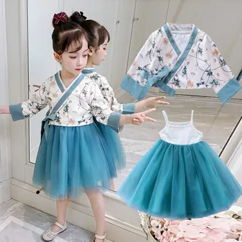 

Girls Hanfu Clothing set 2019 spring new Kids long-sleeved princess fluffy Dress+Coat 2Pcs costumes for girls Chinese style2-10T