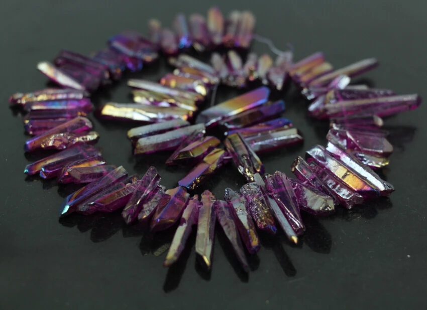 

15.5"Strand of Purple Mystic Titanium Raw Crystal Top Drilled Point Beads,Rock Quartz Crystal Pillar Tusk Pendant Nacklace Beads
