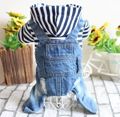

Pet dog clothes spring and summer Teddy bear dog four feet denim jumpsuit Cotton dog coat small Cute Clothing For Small Dogs