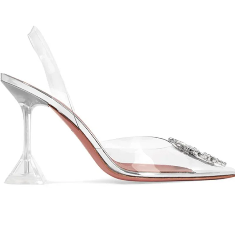 

Women's heels summer pointed rhinestone sandals transparent crystal cup shoes women's holiday wedding party high heels