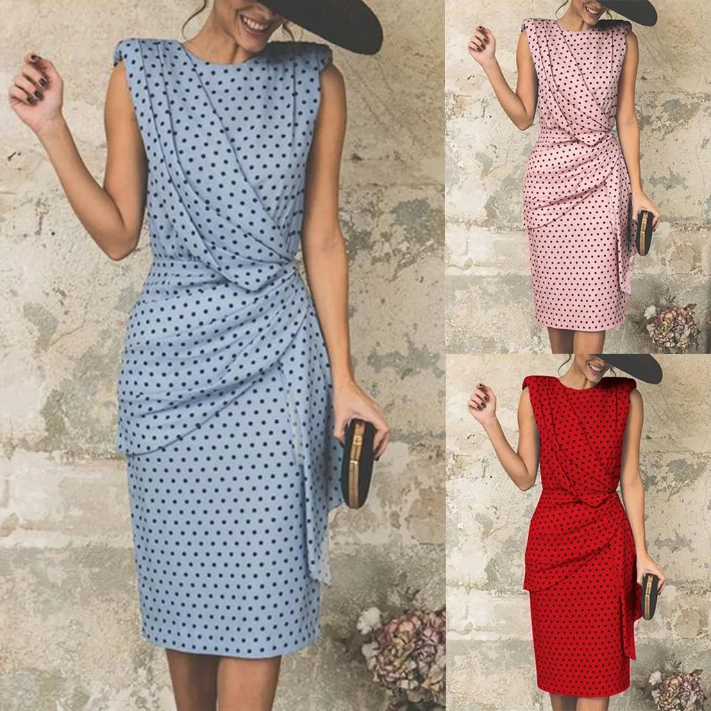 

Women Bohe Casual Wave Point Print Slim O-Neck Sleeveless Elegant Office Dress