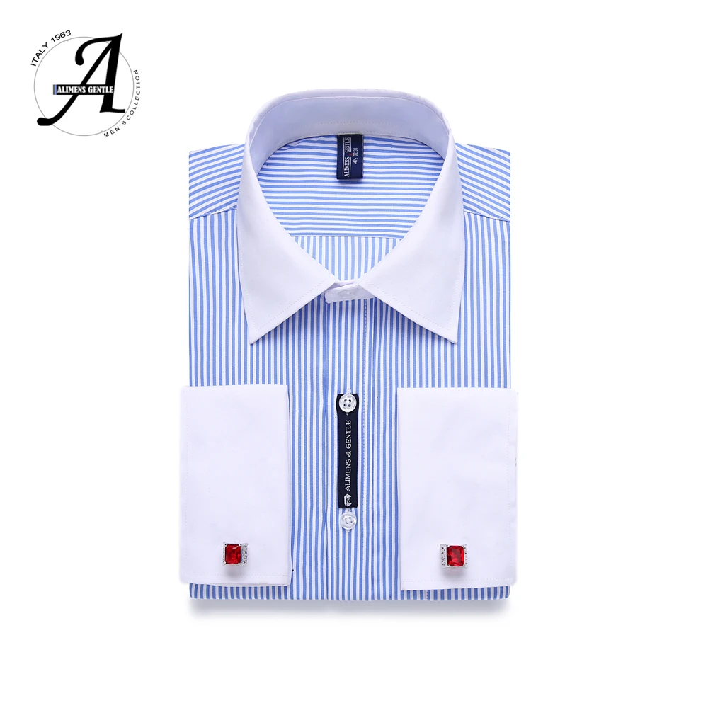 Koop 9XL 7XL 6XL Gestreepte Mannen Franse Manchetknopen Casual Dress Shirt Lange Mouwen Witte Kraag Ontwerp Stijl Mens Franse Manchet shirts