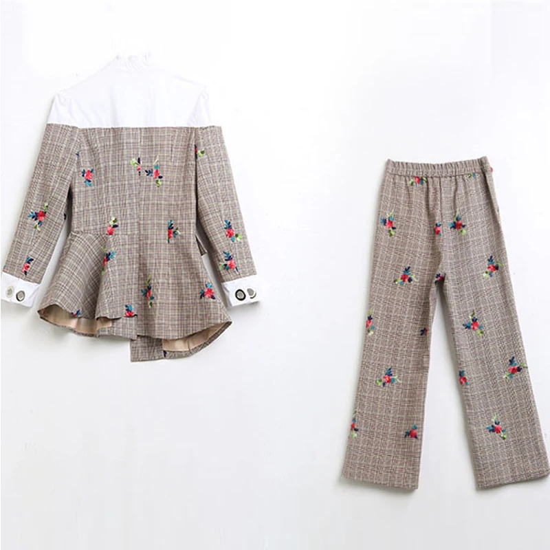 Spring Vintage Women's Pant Suits Irregular Print Spliced Blazer & Pencil Trouser Female Two Piece Sets Long Sleeve Office Suit