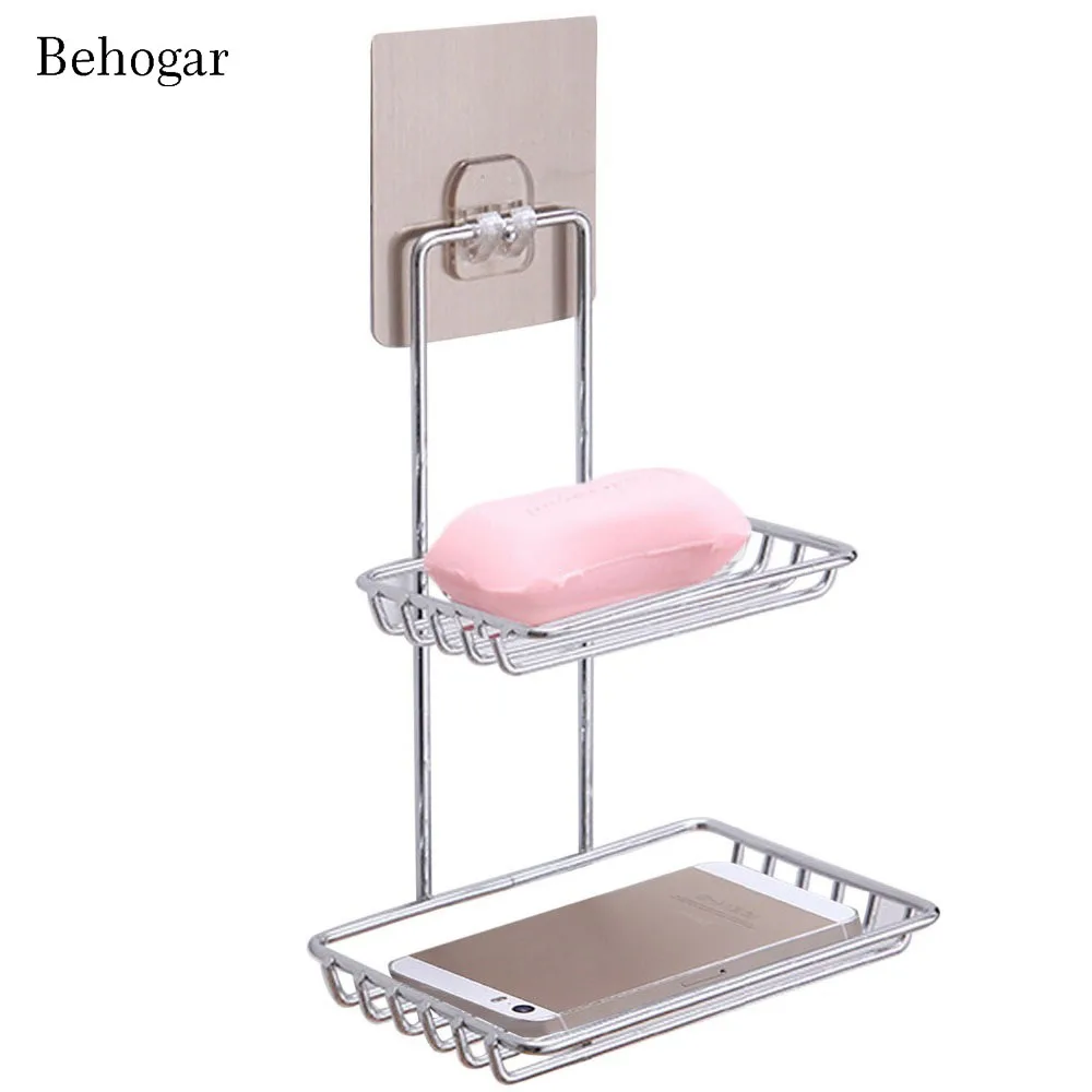 Behogar Wall Mounted Sticky Shower Bathroom Kitchen Rack Shelf Holder