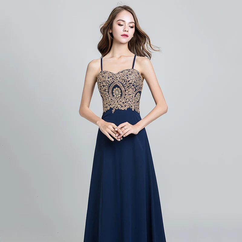 Navy Blue Платья для выпускного вечера размера плюс с золотым кружевом и аппликацией из бисера, длинное шифоновое милое вечернее платье со шнуровкой на спине, Дамское Платье OL214 - Цвет: Navy Blue