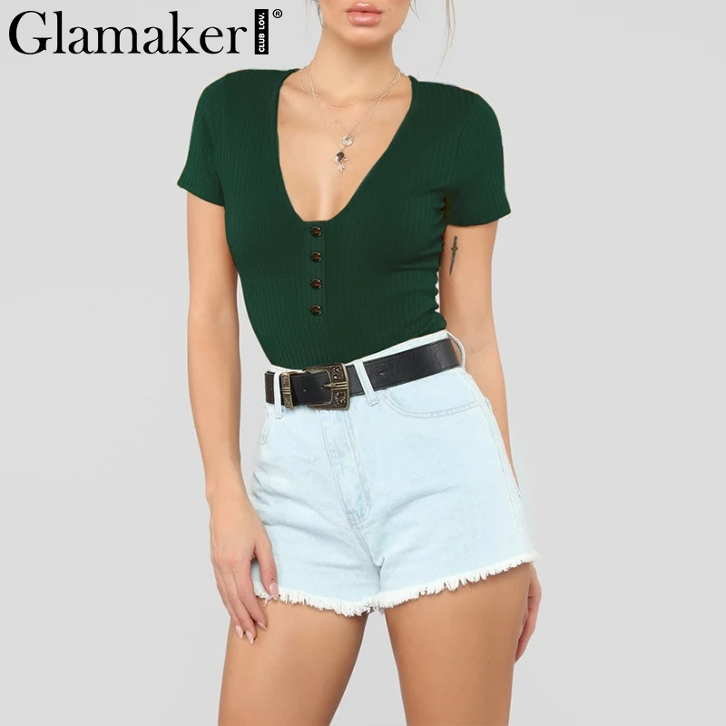 Glamaker Short sleeve sexy bodysuit top women spring bodycon short playsuit Female v neck black summer female bodysuit one-piece