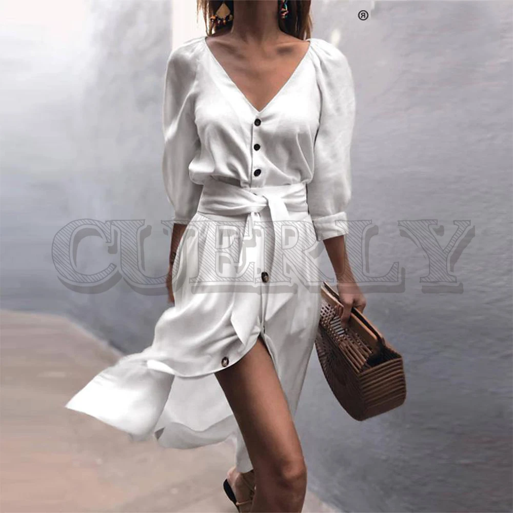 

CUERLY Elegant v-neck A-line women dress Half sleeve button sash belt bow tie solid female dress Vintage chic ladies dress 2019