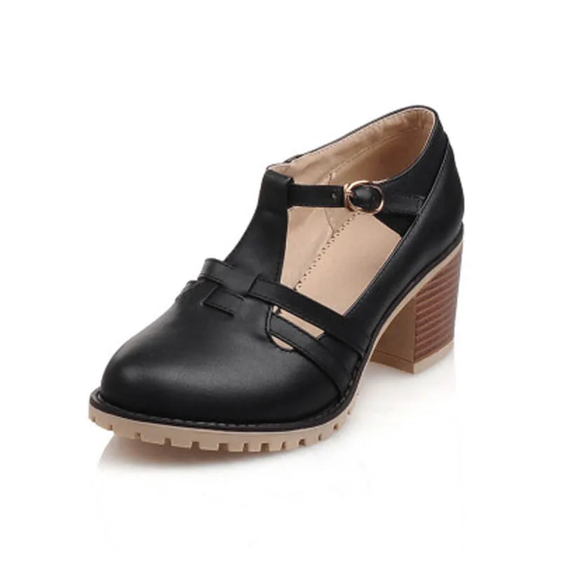 Мода Круглый Toe Т-ремень Квадратные Каблуки Женщины Насосы Сладкий Дамы