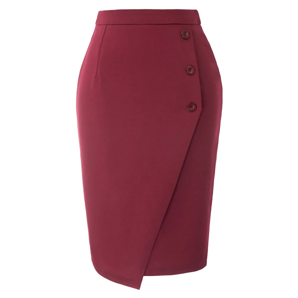 Женская юбка для работы, офисная, деловая, с высокой талией, с пуговицами, с разрезом сзади, до колена, в бедрах, облегающая, облегающая, юбка-карандаш, винтажная - Цвет: Wine