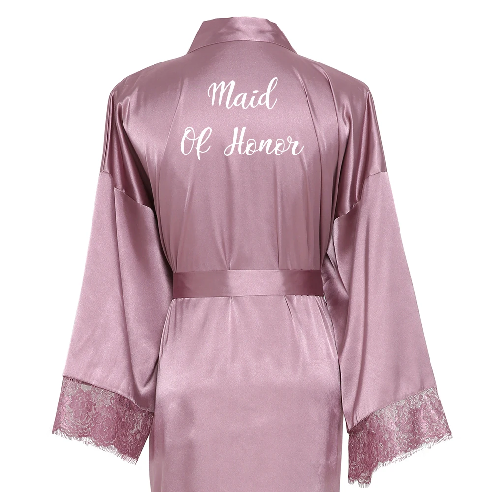 Owiter подружки невесты лилового цвета длинное простое кимоно для матери невесты шелковое атласное Ночное Платье Халаты для невесты халат кружевной халат для женщин - Цвет: mauve Maid of honor