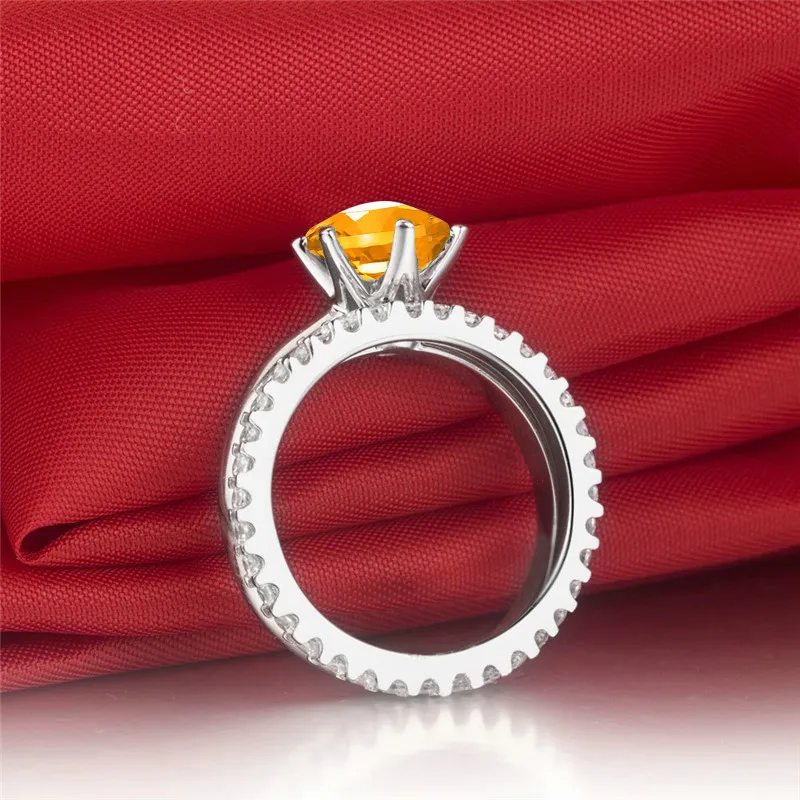 AINUOSHI 2 пирога драгоценный камень кольцо набор 1/1. 5/2ct круглой огранки натуральный цитрин 925 серебро полная вечность обручальный набор обручальных колец