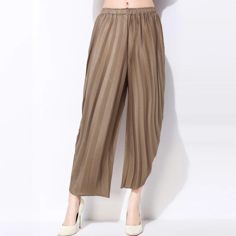 Changpleat весенние хлопковые свободные женские шаровары Штаны Miyak плиссированное платье с эластичной резинкой на талии плюс Размеры сплошной черный по щиколотку Штаны модные тенденции