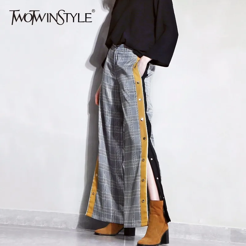 

TWOTWINSTYLE Plaid Wide Leg Trousers For Women High Waist Zipper Split Side Stripe Patchwork Long Pants 2018 Spring Fashion OL