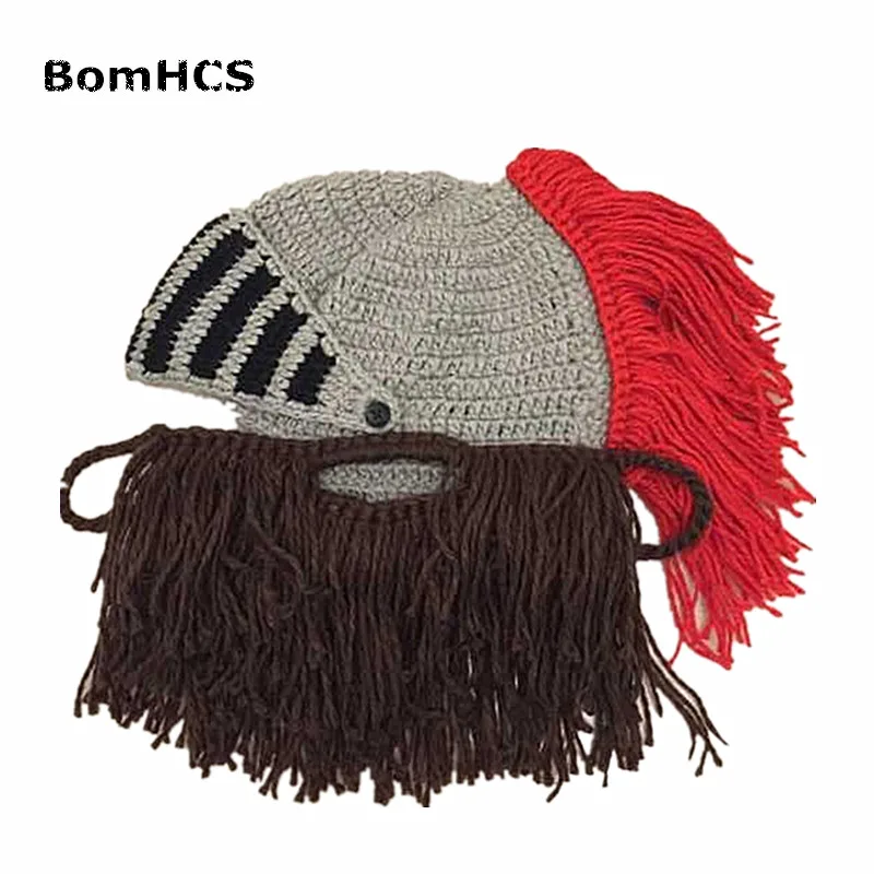 BomHCS забавные зимние теплые шапки с бородой для косплея Римский рыцарь вязаный шлем оригинальные варварские шапочки ручной работы мужские шапки - Цвет: BROWN BEARD