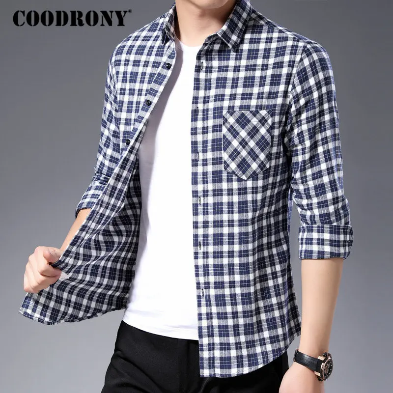 COODRONY, мужская рубашка, осенняя уличная одежда, повседневные рубашки, Классическая рубашка в клетку, мужская рубашка с длинным рукавом, хлопок, Camisa Masculina, с карманом, 96053