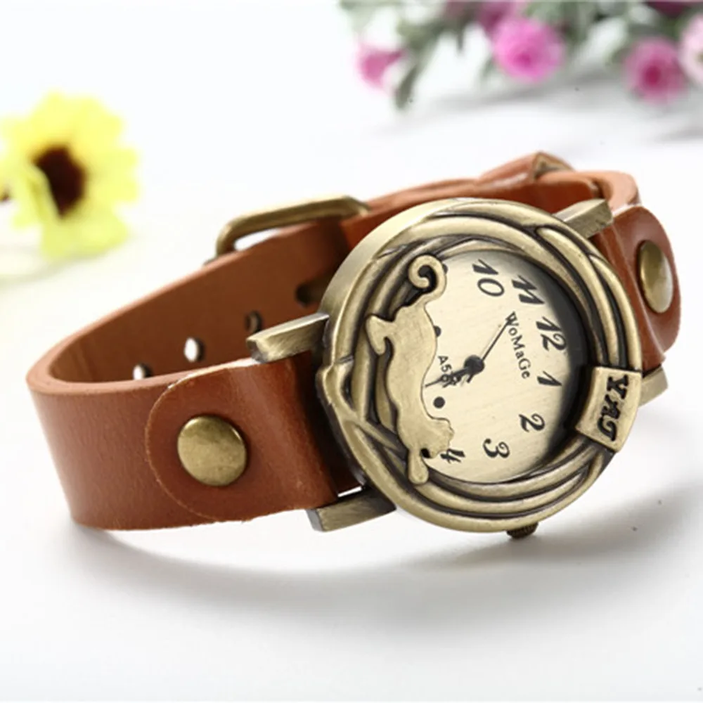 Топ известный бренд часы для женщин девушки Womage красивые модные и простые часы женский кожаный пояс часы для подарков - Цвет: Коричневый