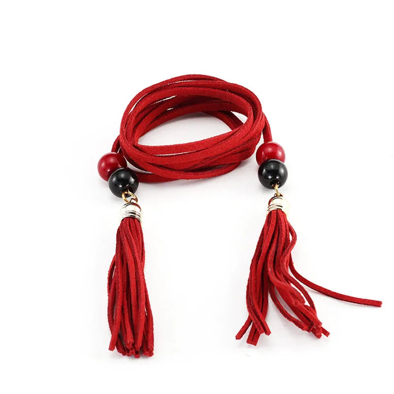 Women Hand-Knit Long Braid Tassel Party Belts Fringe Thin Leisure Leather belt for women Fashion Accessory 40JA0413
