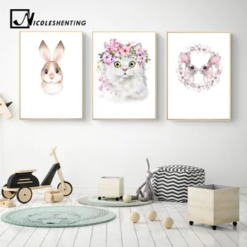 

Kawaii Animal Rabbit Cat Nursery Canvas Poster Canvas Prints Wall Art Painting Wall Pictures for Children Living Room Home Decor