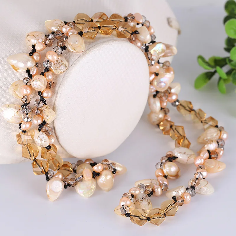 

Necklace female Korean simple temperament freshwater pearl Austrian crystal long sweater chain