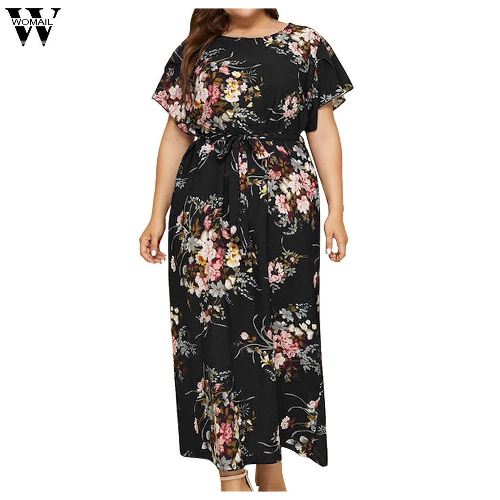 

Womail Plus Size Womens Chiffon Dress Loose Fashion Floral Print O-Neck Short Sleeve Ankle Length Dress For Ladies vestido JUN21