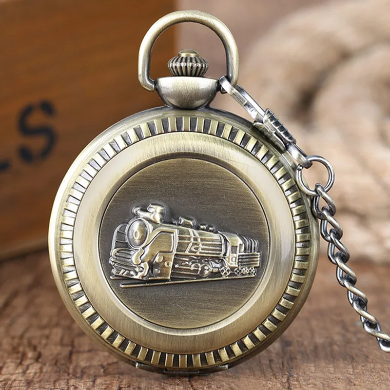 Retro Big Pocket Watches with FOB Chain Running Steam Train Antique Style Quartz Watch Pendant