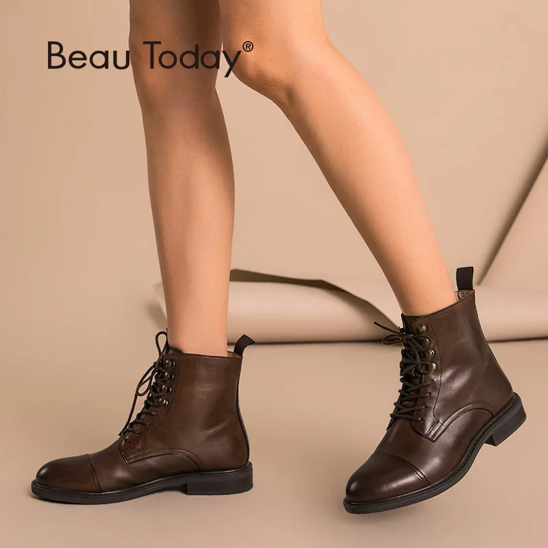 Ceny BeauToday damskie botki prawdziwa skóra bydlęca sznurowane okrągłe Toe najwyższej jakości jesienne zimowe damskie buty Handmade 03086