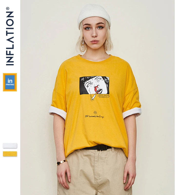 INFLATION Men Clothing Cartoon Funny Printed T-shirt Cotton Fashion High Street Couple Tees Streetwear Swag Top Tee 91195S