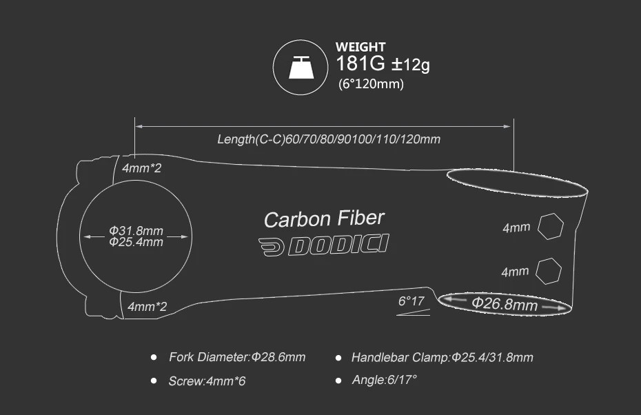DODICI Pro карбоновый держатель 31,8 мм 6/17 градусов дорога/МТБ 3к Блестящий углерод волокна стебли Запчасти 70/80/90/100/110/120/130 велосипедный вынос руля