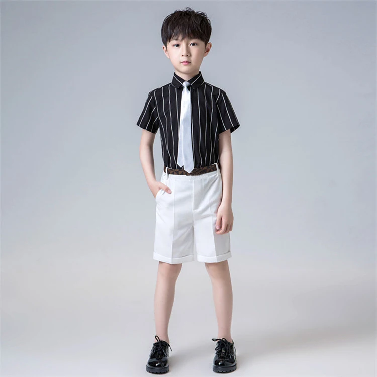 Top strap short tie Школьные для мальчиков для девочек костюм-Униформа рубашка в полоску+ шорты+ комбинезон+ галстук-бабочка, Свадебная вечеринка Костюмы комплект детское бальное платье - Цвет: Top strap short tie