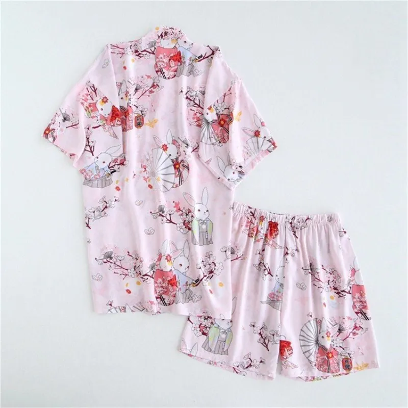

Summer Sweet Japanese Style Sets Lace-Up Cardigan With Shorts Two Piece Homwear Cherry Blossom Rabbit Pajamas Sets