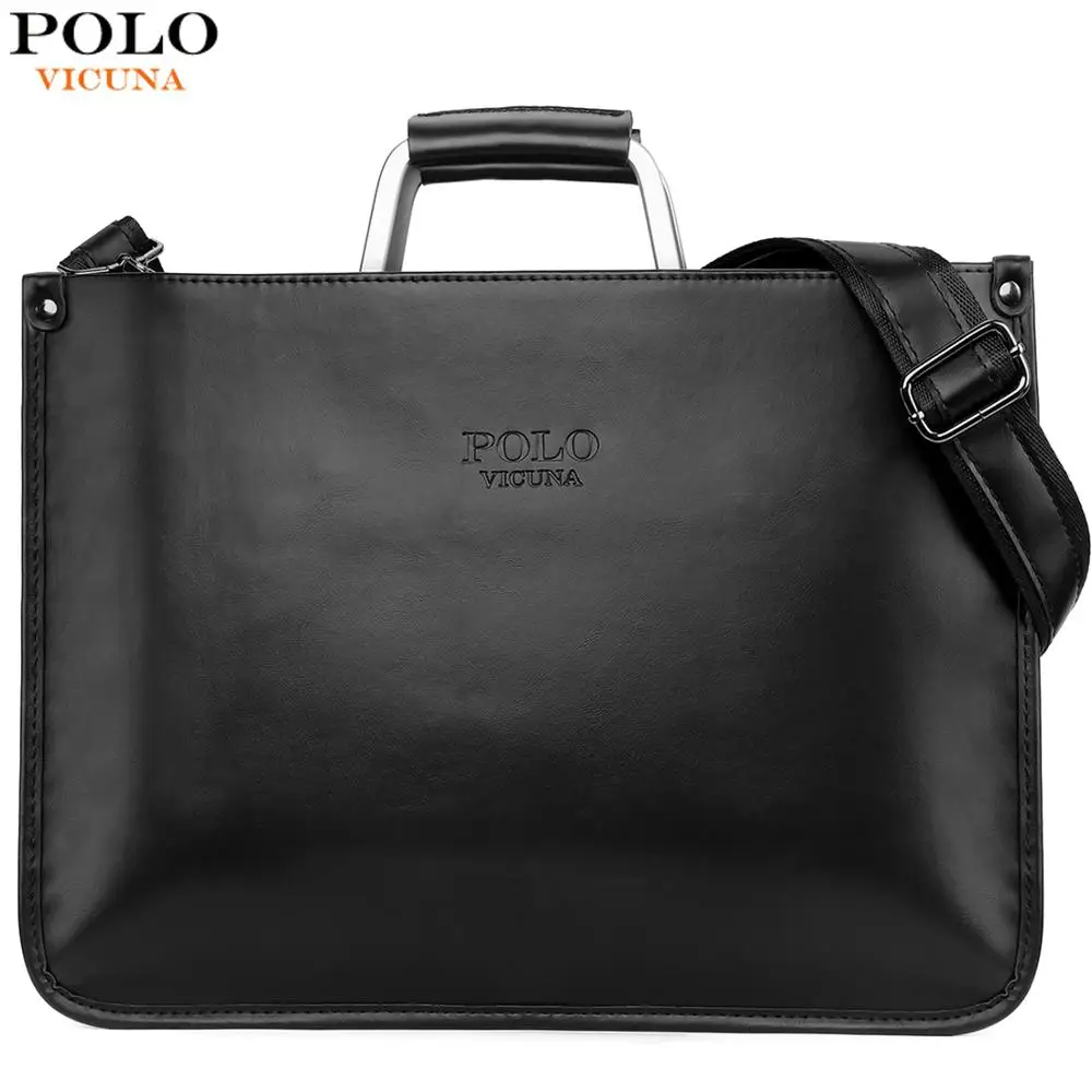 

VICUNA POLO Cool Ultra-thin Business Mens Document Bag Black Men's Leather Handbag With Metal Handle Sling Shoulder Bags