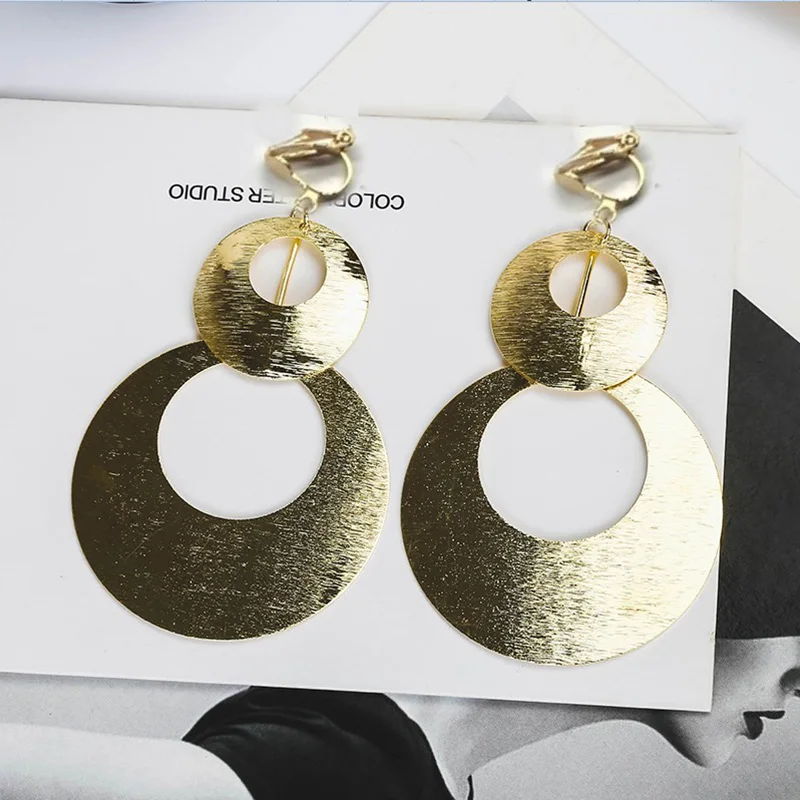 Grace Jun New Design Personality European and American Large Double Circle Clip on Earrings for Female Party Wedding Bijouterie