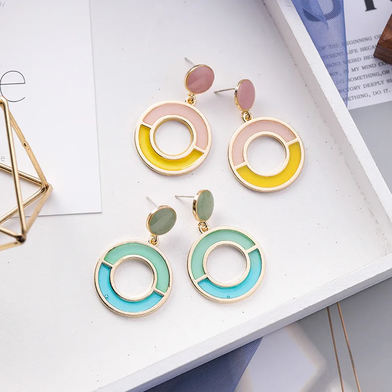

Europe America Hyperbolic Geometric Colorful Round Circle Fresh Woman Girls Dangle Drop Earrings Fashion Jewelry-MSE