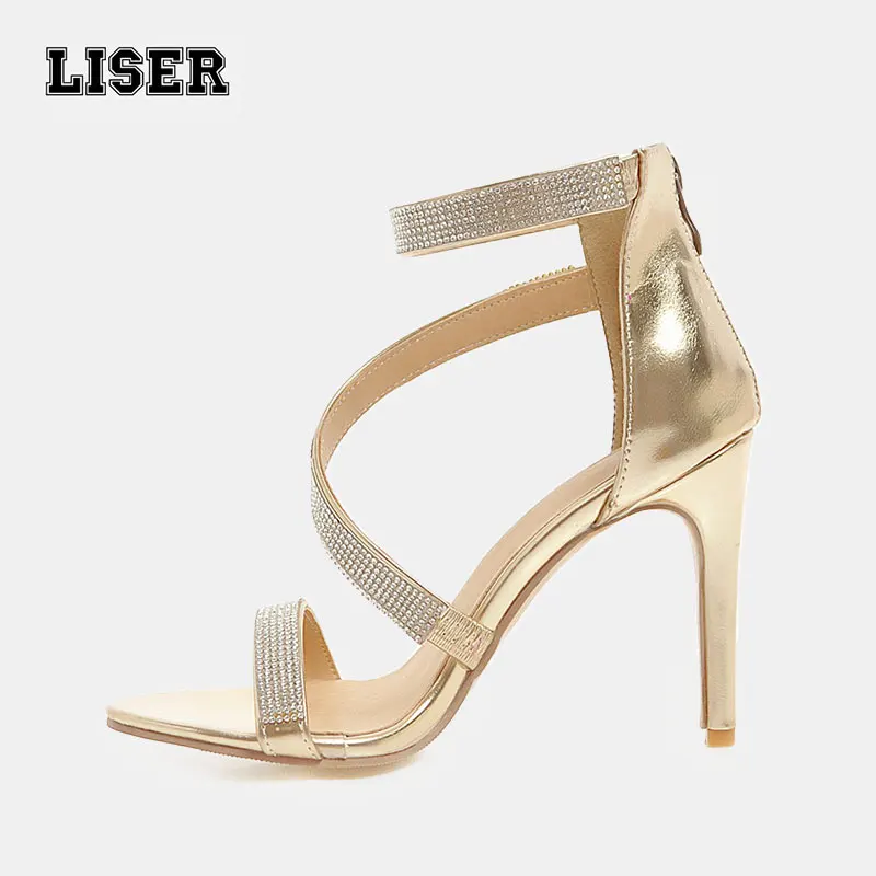 

gladiator sandals women golden bling crystal band 10cm high stiletto heels sexy designer stylish banquet party shoes for ladies