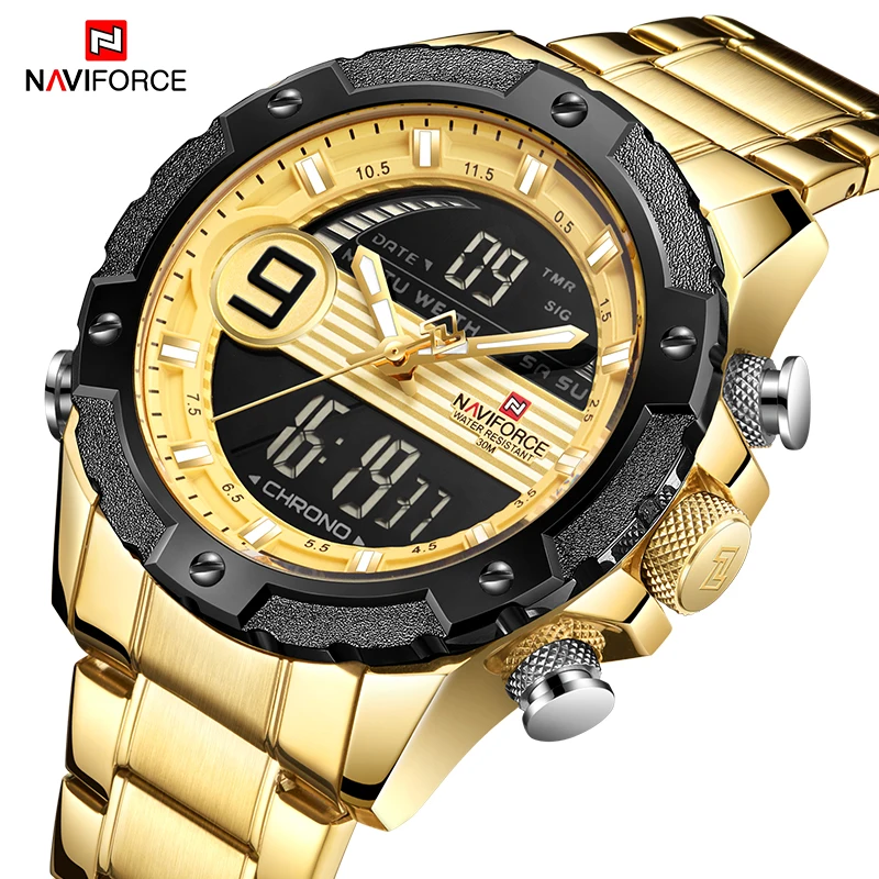  NAVIFORCE Military Stainless Steel Waterproof Gold Men Watch Men's Dual Display Quartz Wristwatches