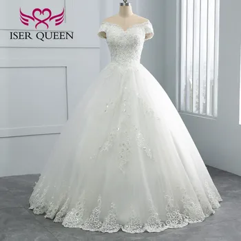 

Pearls Beaded Bride Dress Cap Sleeve Vestido De Noiva Pure White Wedding Dress Lace Appliques Wedding Gown Gelinlik WX0108
