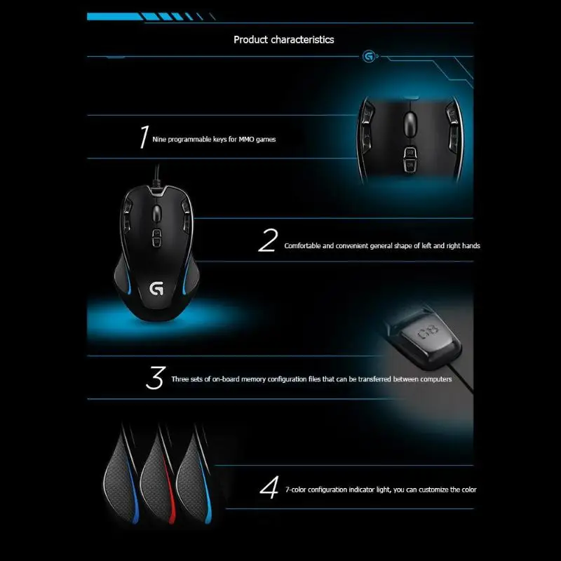 Logitech G300s игровой Мышь 2500 Точек на дюйм USB Проводная оптическая Сенсор и посторонней помощи Мышь 7 цветов с подсветкой для игровая мышь для геймеров Мышь 9 кнопок