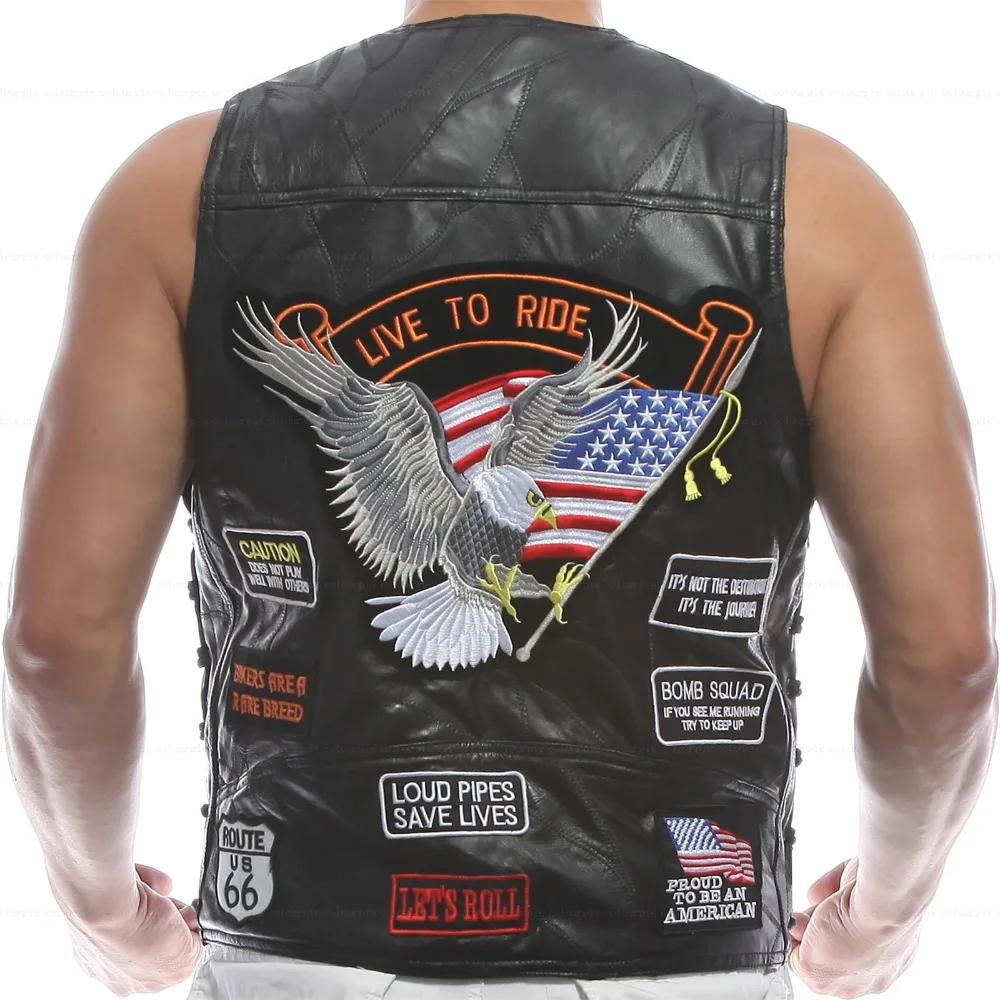Vest Leather Men Waistcoat Embroidery Halley Motorcycle Riding Punk Hip hop Sheep skin Wind proof