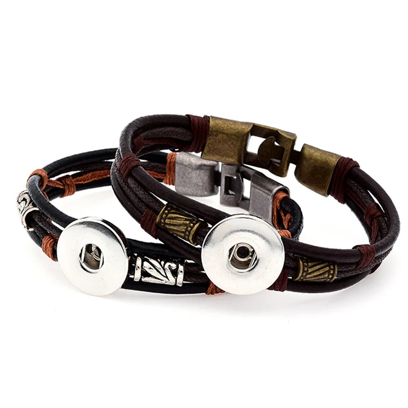 

Vintage Multi-Layer Leather Bracelet Brown Hook Clasp Bangle DIY Jewelry Making Fit 18mm Ginger Snap Silver Tone Baubles Charm