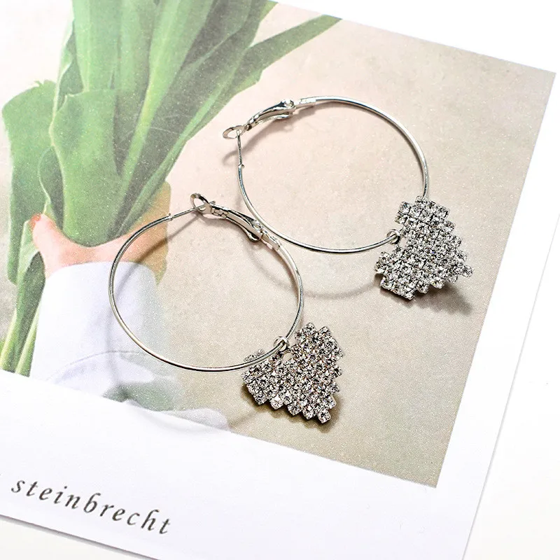 New European and American Style Fashion Simple Personality Alloy Large Circle Mosaic Crystal Heart Earrings for Women | Украшения и