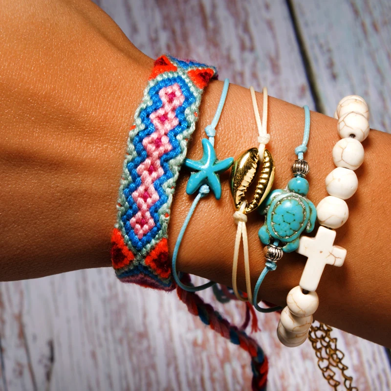 MOON GIRL 5 Pieces Puka Shell Bracelet Set Turtle Starfish Cross Beads Boho Weave Bracelet for Women Friendship Jewelry Dropship