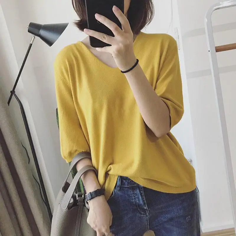 

2019 New Yfashion Women Spring Summer Pure Color Loose Casual Half-sleeve Knit T-shirt