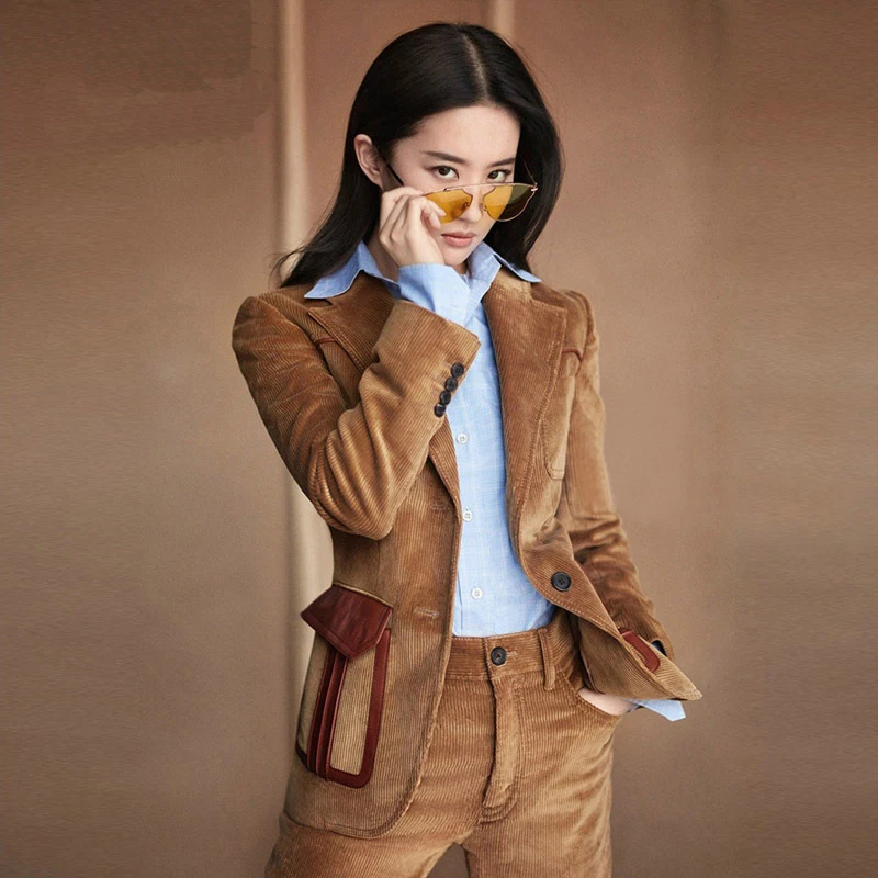 Ellacey 2018 Coffee Corduroy Suit Female Women's Business Pant Suits Stylish Blazer Uniform Women Formal Fashion 2 Pieces Set Ellacey 2018 Coffee Corduroy Suit Female Women's Business Pant Suits Stylish Blazer Uniform Women Formal Fashion 2 Pieces Set