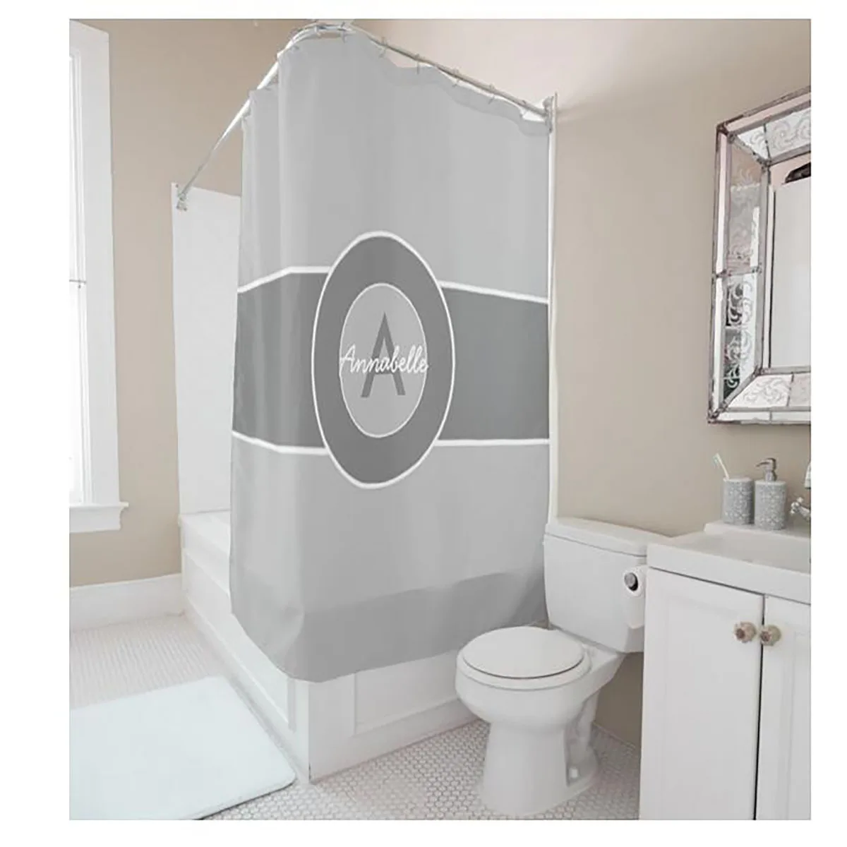 Simple Style Letters Digital Printing Gray Shower Curtain Polyester ...