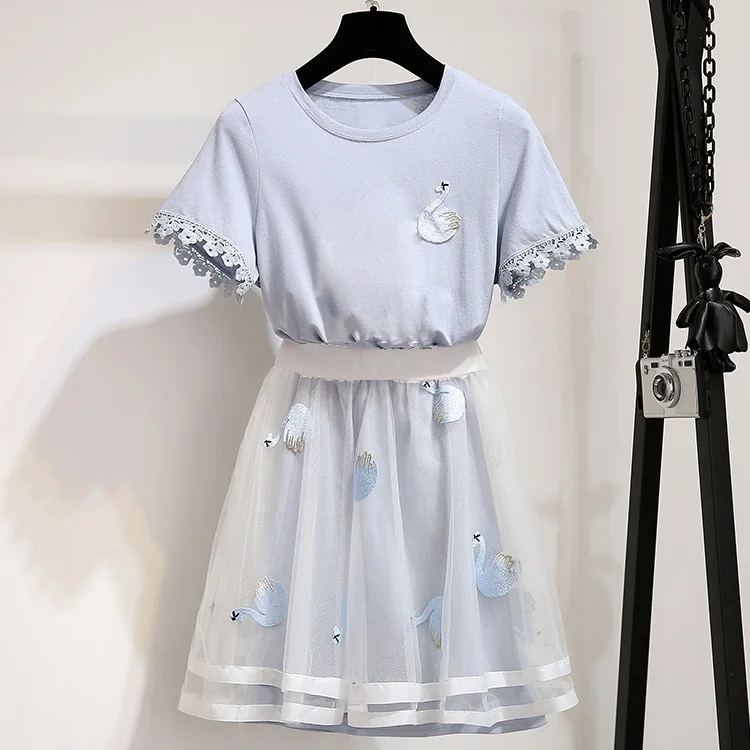 ICHOIX/милое Сетчатое платье; комплекты из 2 предметов; женская летняя одежда; коллекция года; комплекты для девочек; комплекты из 2 предметов; Повседневная однотонная длинная футболка; платье - Цвет: Light blue