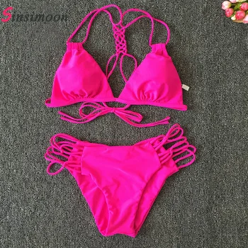 

Plaid Bikini Set Women Knit Biquini Braided Bikinis Padded Swimsuit White Pink Swimwear Bandage Bathing Suit Bandeau Beach Wear