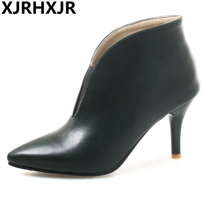 

XJRHXJR Brand V Shape Pointed Toe Ankle Boots Pu Leather Slip-On Winter Boots Women's Autumn Shoes Sexy High Heels Chelsea Boots